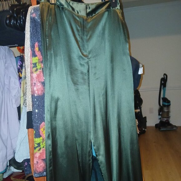 Zara Emerald Green Faux Back Pocket Silk-Look Wide Leg Dress Pants - Size M - NW - Picture 1 of 5